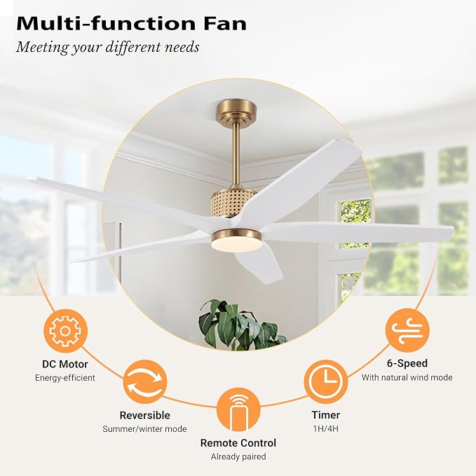 60" Ceiling Fan with Light – Remote Control, Solid Wood, 6-Speed, Quiet Reversible DC Motor, White/Gold Finish, 4.5"/12"