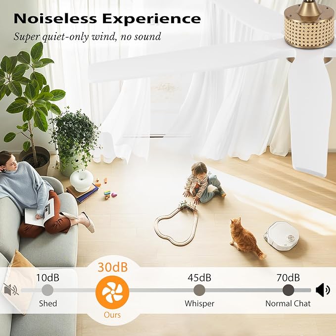 60" Ceiling Fan with Light – Remote Control, Solid Wood, 6-Speed, Quiet Reversible DC Motor, White/Gold Finish, 4.5"/12"