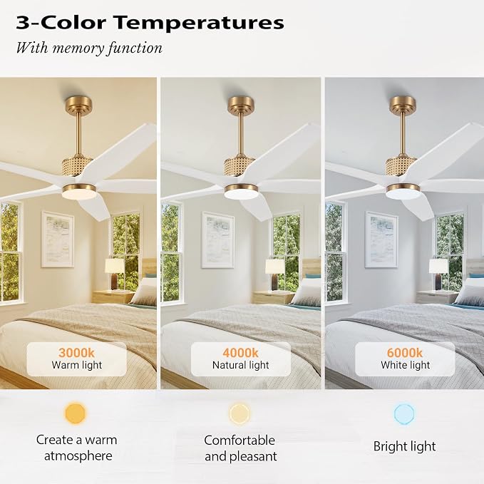 60" Ceiling Fan with Light – Remote Control, Solid Wood, 6-Speed, Quiet Reversible DC Motor, White/Gold Finish, 4.5"/12"