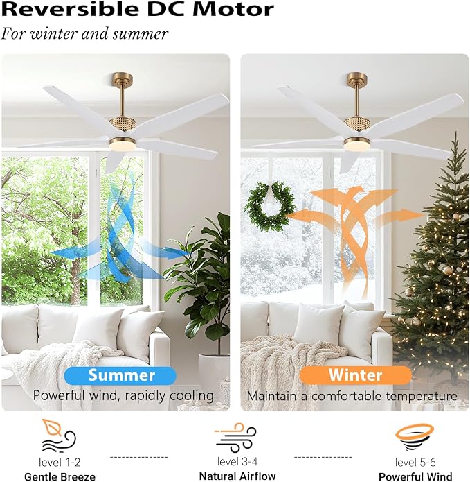 60" Ceiling Fan with Light – Remote Control, Solid Wood, 6-Speed, Quiet Reversible DC Motor, White/Gold Finish, 4.5"/12"