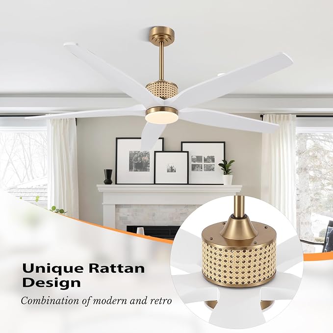 60" Ceiling Fan with Light – Remote Control, Solid Wood, 6-Speed, Quiet Reversible DC Motor, White/Gold Finish, 4.5"/12"