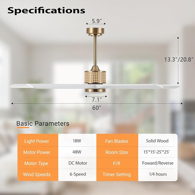 60" Ceiling Fan with Light – Remote Control, Solid Wood, 6-Speed, Quiet Reversible DC Motor, White/Gold Finish, 4.5"/12"