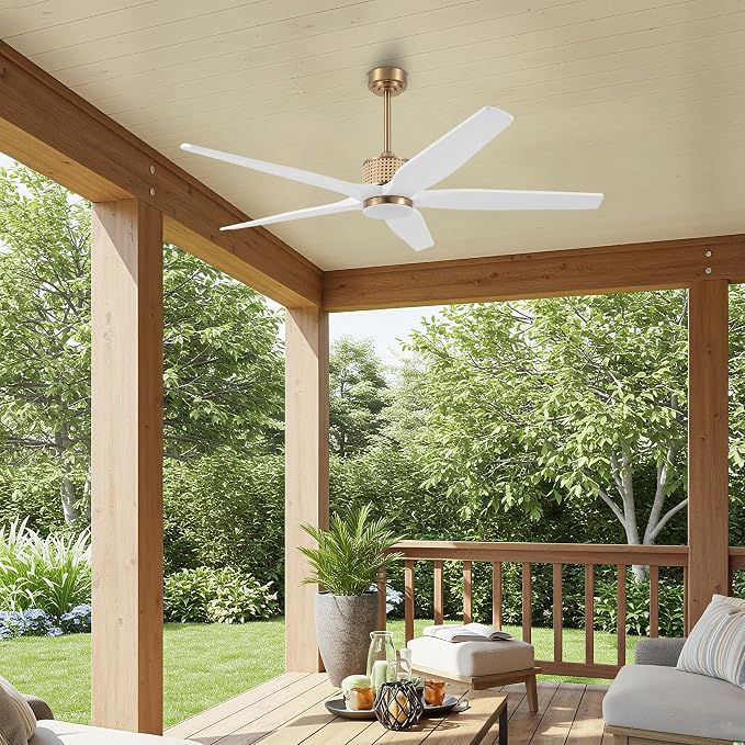 60" Ceiling Fan with Light – Remote Control, Solid Wood, 6-Speed, Quiet Reversible DC Motor, White/Gold Finish, 4.5"/12"