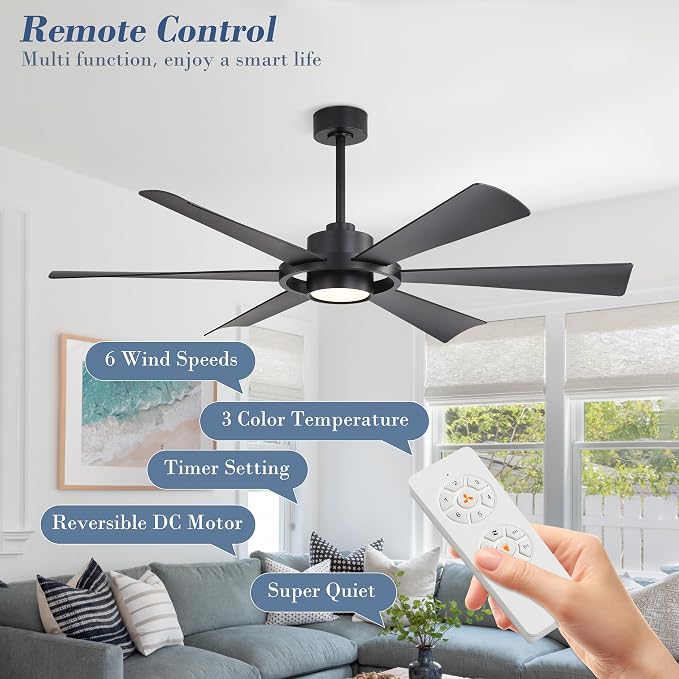 60" Ceiling Fan with Lights - 6 ABS Plastic Blades, 3 Downrods, 6-Speed Reversible DC Motor, 3CCT, Windmill Ceiling Fan for