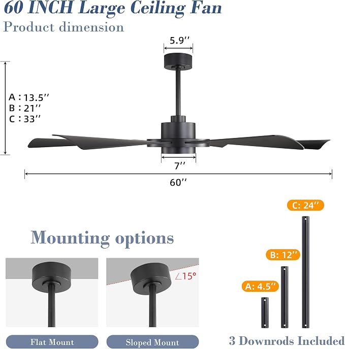 60" Ceiling Fan with Lights - 6 ABS Plastic Blades, 3 Downrods, 6-Speed Reversible DC Motor, 3CCT, Windmill Ceiling Fan for