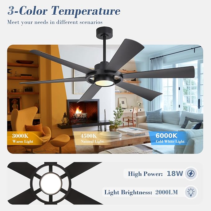 60" Ceiling Fan with Lights - 6 ABS Plastic Blades, 3 Downrods, 6-Speed Reversible DC Motor, 3CCT, Windmill Ceiling Fan for