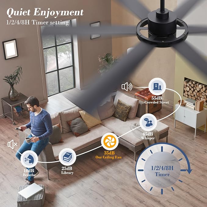 60" Ceiling Fan with Lights - 6 ABS Plastic Blades, 3 Downrods, 6-Speed Reversible DC Motor, 3CCT, Windmill Ceiling Fan for