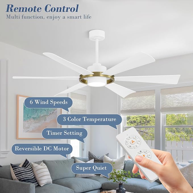 60" Ceiling Fan with Lights - 6 ABS Plastic Blades, 3 Downrods, 6-Speed Reversible DC Motor, 3CCT, Windmill Ceiling Fan for