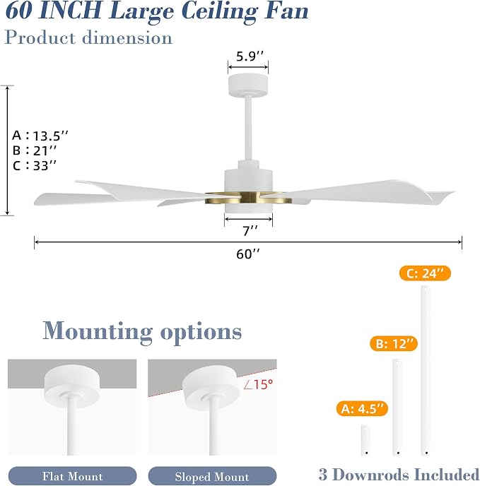 60" Ceiling Fan with Lights - 6 ABS Plastic Blades, 3 Downrods, 6-Speed Reversible DC Motor, 3CCT, Windmill Ceiling Fan for