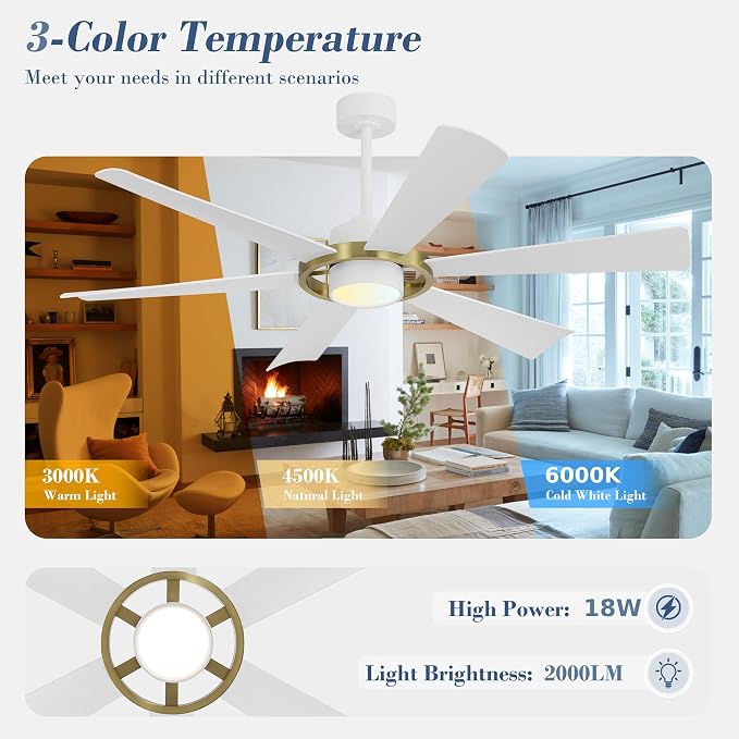 60" Ceiling Fan with Lights - 6 ABS Plastic Blades, 3 Downrods, 6-Speed Reversible DC Motor, 3CCT, Windmill Ceiling Fan for