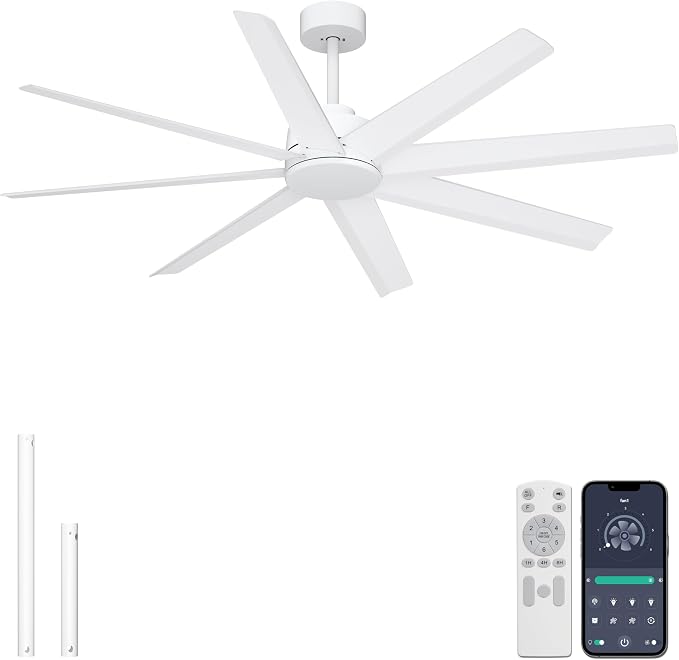 60'' Ceiling Fan With No Light - Modern White 8 Blades Ceiling Fan Remote/APP Control, DC Motor Outdoor Fan for Covered