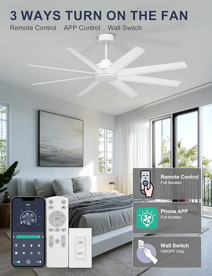 60'' Ceiling Fan With No Light - Modern White 8 Blades Ceiling Fan Remote/APP Control, DC Motor Outdoor Fan for Covered