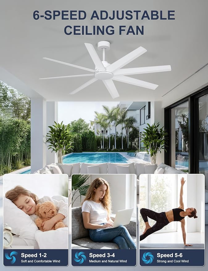 60'' Ceiling Fan With No Light - Modern White 8 Blades Ceiling Fan Remote/APP Control, DC Motor Outdoor Fan for Covered