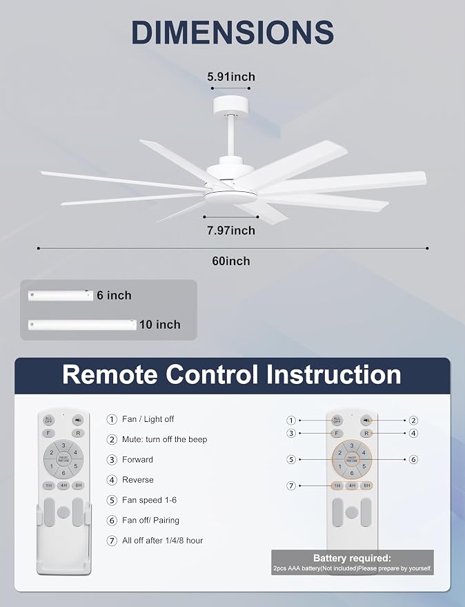 60'' Ceiling Fan With No Light - Modern White 8 Blades Ceiling Fan Remote/APP Control, DC Motor Outdoor Fan for Covered