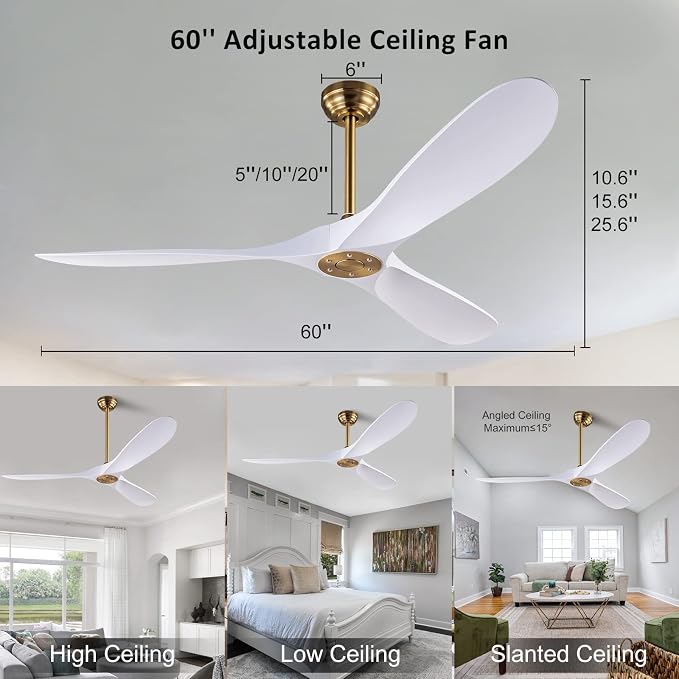 60" Ceiling Fan with Remote Control No Lights,Modern Reversible DC Motor Indoor Outdoor 3 Blades Ceiling Fans for Patio