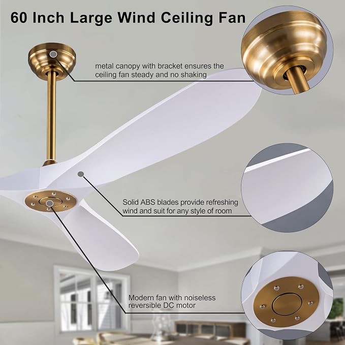 60" Ceiling Fan with Remote Control No Lights,Modern Reversible DC Motor Indoor Outdoor 3 Blades Ceiling Fans for Patio
