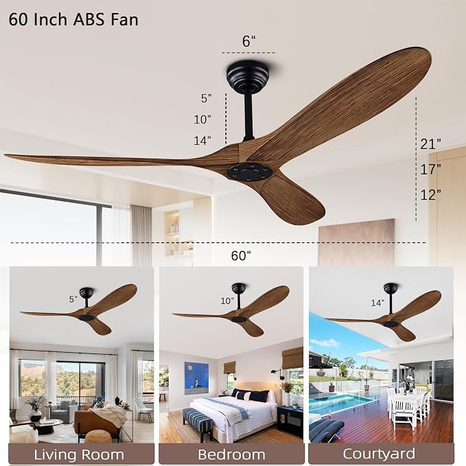 60" Ceiling Fan with Remote Control No Lights,Modern Reversible DC Motor Indoor Outdoor 3 Blades Ceiling Fans for Patio