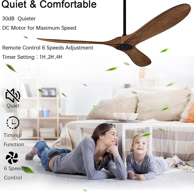 60" Ceiling Fan with Remote Control No Lights,Modern Reversible DC Motor Indoor Outdoor 3 Blades Ceiling Fans for Patio