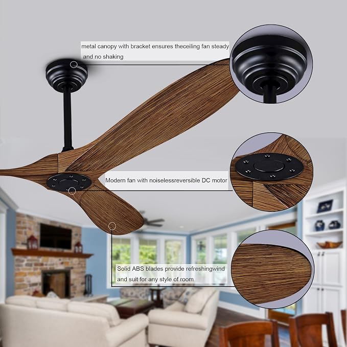60" Ceiling Fan with Remote Control No Lights,Modern Reversible DC Motor Indoor Outdoor 3 Blades Ceiling Fans for Patio