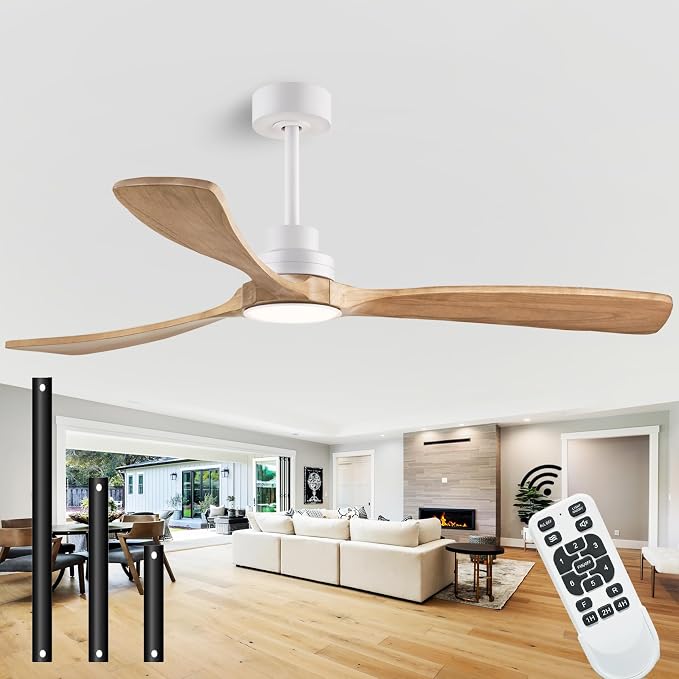 60" Ceiling Fans with Light with Remote Control, Indoor Outdoor Wood Ceiling Fan with 3 Wood Blades for Living Room, Hallway