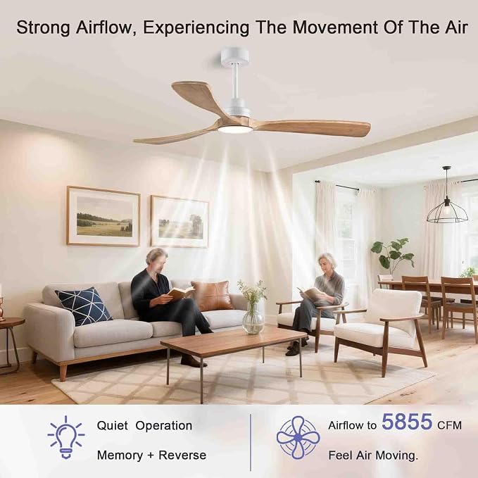60" Ceiling Fans with Light with Remote Control, Indoor Outdoor Wood Ceiling Fan with 3 Wood Blades for Living Room, Hallway