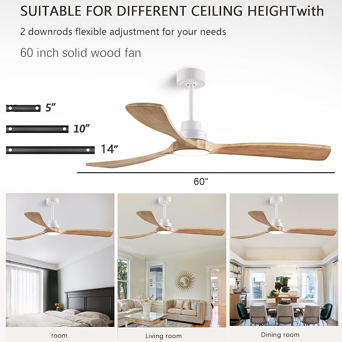 60" Ceiling Fans with Light with Remote Control, Indoor Outdoor Wood Ceiling Fan with 3 Wood Blades for Living Room, Hallway