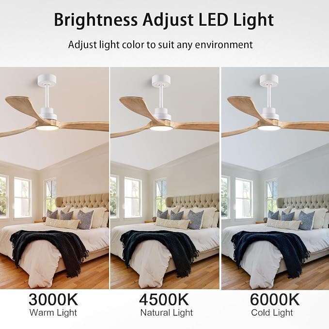 60" Ceiling Fans with Light with Remote Control, Indoor Outdoor Wood Ceiling Fan with 3 Wood Blades for Living Room, Hallway