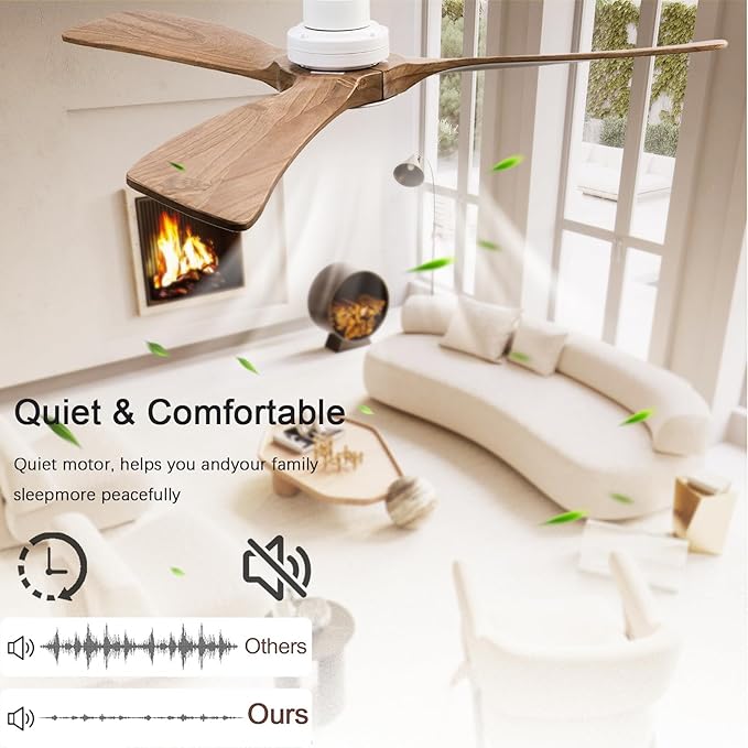 60" Ceiling Fans with Light with Remote Control, Indoor Outdoor Wood Ceiling Fan with 3 Wood Blades for Living Room, Hallway