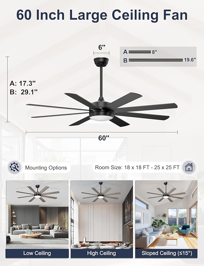 60'' Ceiling Fans with Lights - Modern Black Ceiling Fan Remote/APP Control, Dimmable, Quiet DC Motor Ceiling Fan for