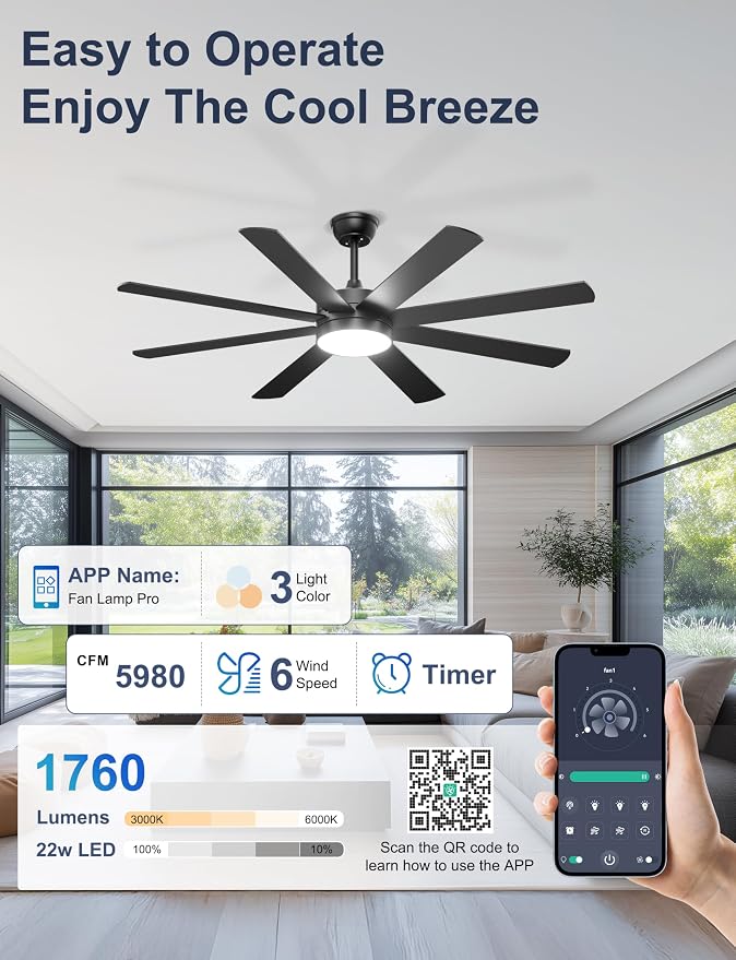 60'' Ceiling Fans with Lights - Modern Black Ceiling Fan Remote/APP Control, Dimmable, Quiet DC Motor Ceiling Fan for