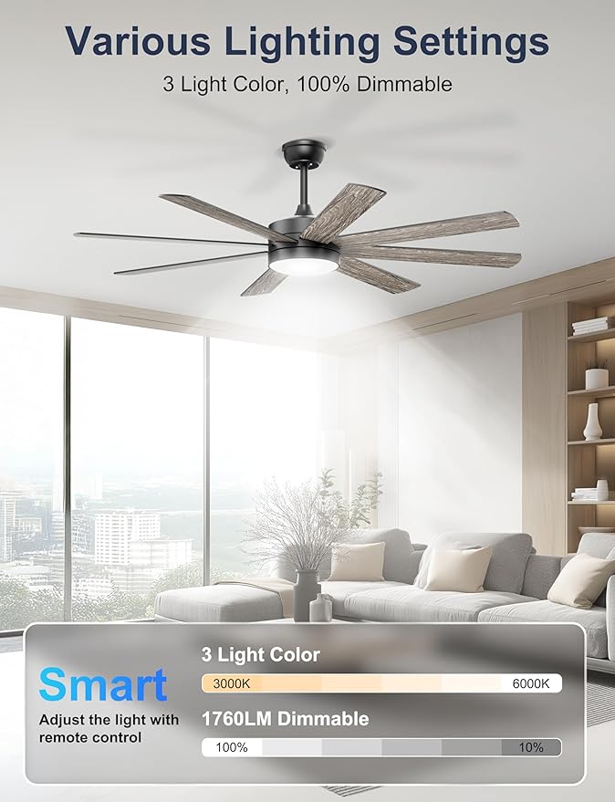 60'' Ceiling Fans with Lights - Modern Black Ceiling Fan Remote/APP Control, Dimmable, Quiet DC Motor Ceiling Fan for