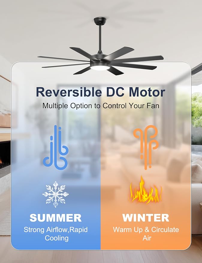 60'' Ceiling Fans with Lights - Modern Black Ceiling Fan Remote/APP Control, Dimmable, Quiet DC Motor Ceiling Fan for