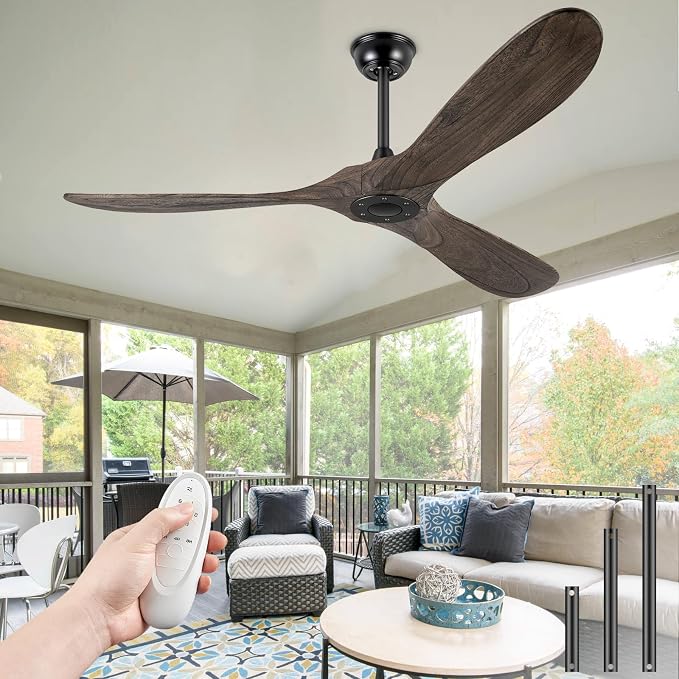 60" Ceiling Fans Without Light, Solid Wood Ceiling Fan No Light with Remote Control and DC Motor, Outdoor Ceiling Fan with 3