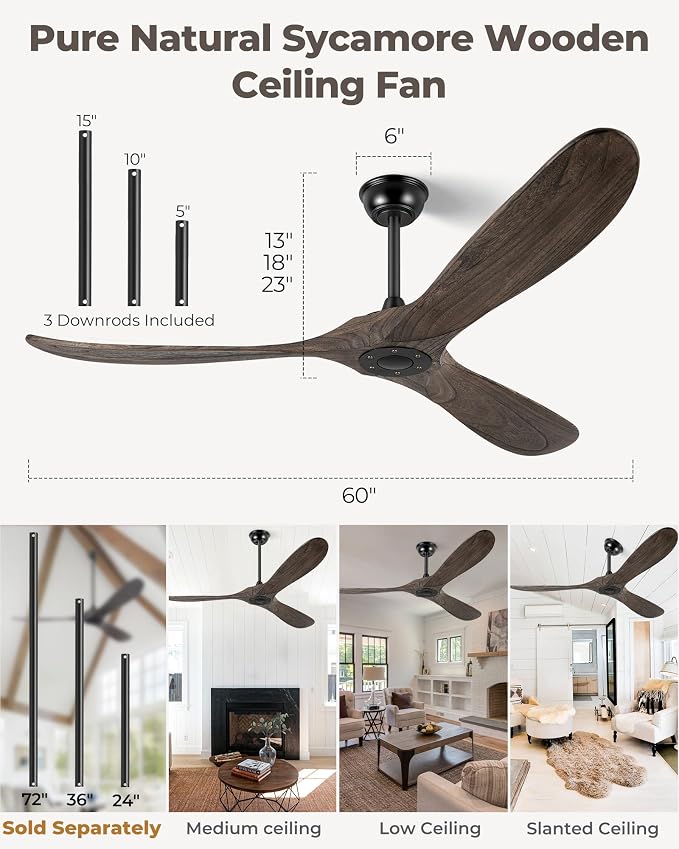 60" Ceiling Fans Without Light, Solid Wood Ceiling Fan No Light with Remote Control and DC Motor, Outdoor Ceiling Fan with 3