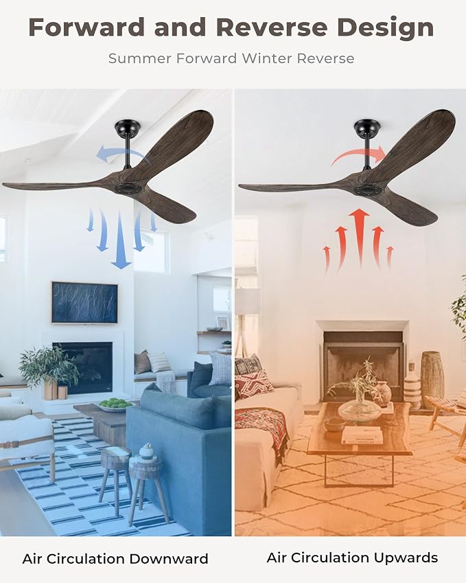60" Ceiling Fans Without Light, Solid Wood Ceiling Fan No Light with Remote Control and DC Motor, Outdoor Ceiling Fan with 3