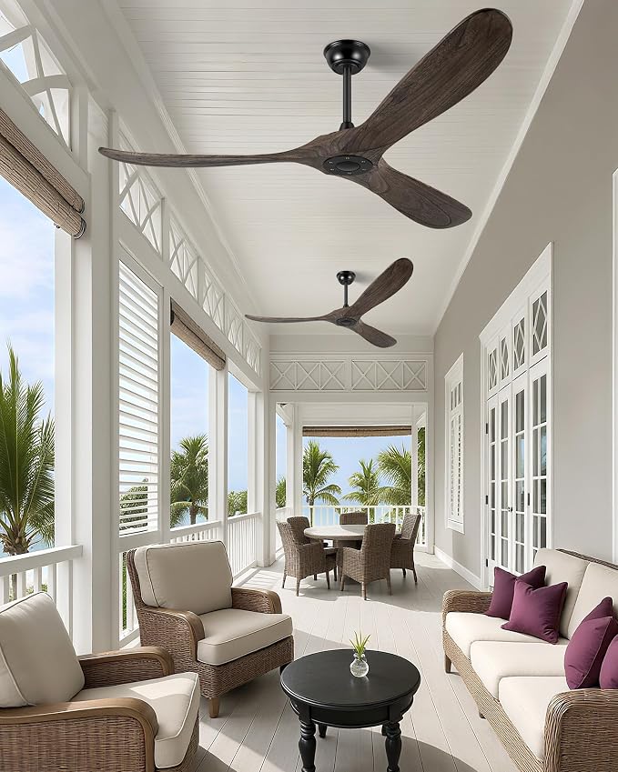 60" Ceiling Fans Without Light, Solid Wood Ceiling Fan No Light with Remote Control and DC Motor, Outdoor Ceiling Fan with 3