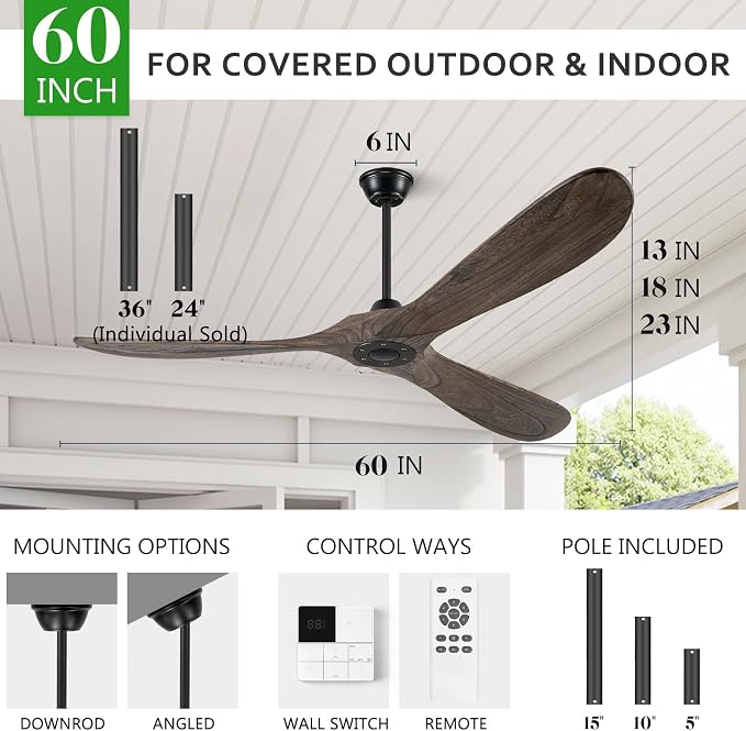 60" Ceiling Fans Without Lights, Wood Ceiling Fan no Light with Remote, Large Outdoor Ceiling Fan for Patio, Porch, Bedroom