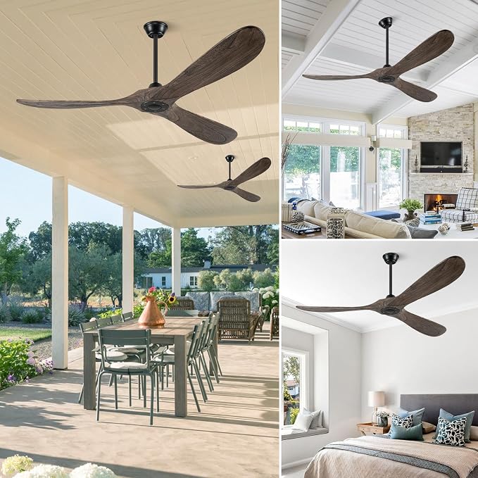 60" Ceiling Fans Without Lights, Wood Ceiling Fan no Light with Remote, Large Outdoor Ceiling Fan for Patio, Porch, Bedroom
