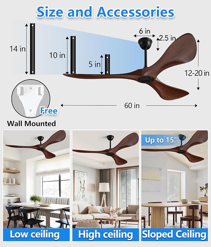 60 in Ceiling Fan of 7400+CFM High Airflow with Mute Remote Control,Ceiling Fan no light for Indoor/Outdoor Patios.6 Speed