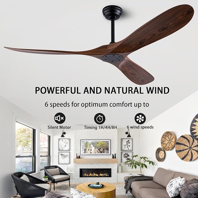 60-inch ABS Ceiling Fans with Remote Control No Lights, 3 Blades, Quiet Ceiling Fan, Modern Ceiling Fan for Living Room