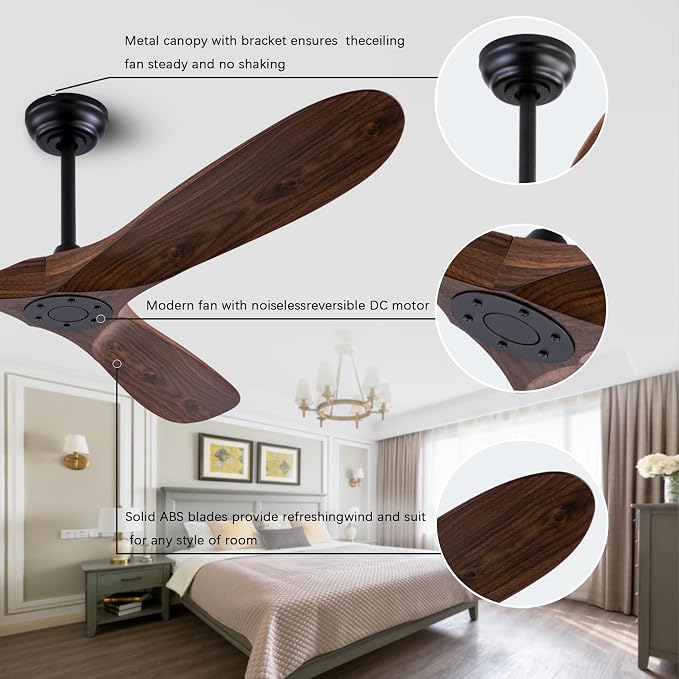 60-inch ABS Ceiling Fans with Remote Control No Lights, 3 Blades, Quiet Ceiling Fan, Modern Ceiling Fan for Living Room