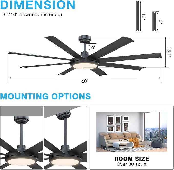 60 inch Black Ceiling Fan with Light and Remote, Industrial Ceiling Fan, Ventilador de Techo, 6 Speed Quiet DC Motor, 8