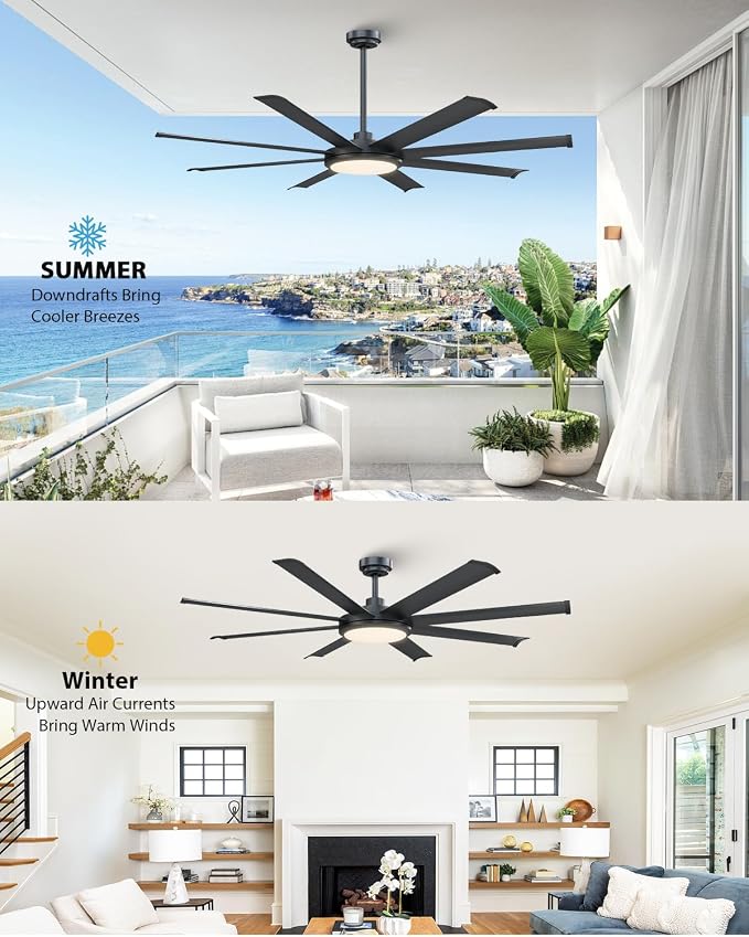 60 inch Black Ceiling Fan with Light and Remote, Industrial Ceiling Fan, Ventilador de Techo, 6 Speed Quiet DC Motor, 8