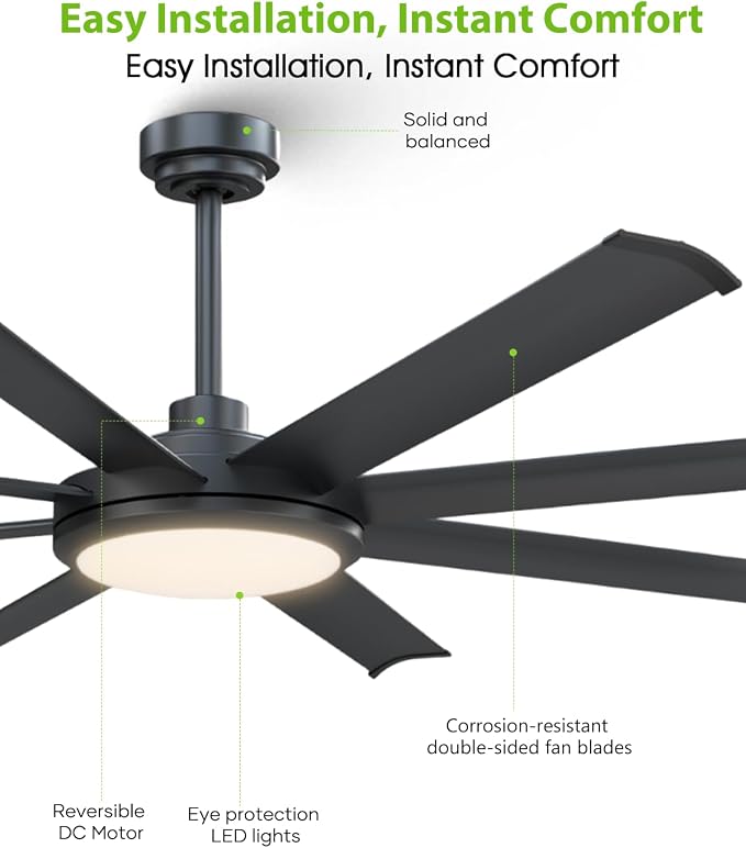60 inch Black Ceiling Fan with Light and Remote, Industrial Ceiling Fan, Ventilador de Techo, 6 Speed Quiet DC Motor, 8