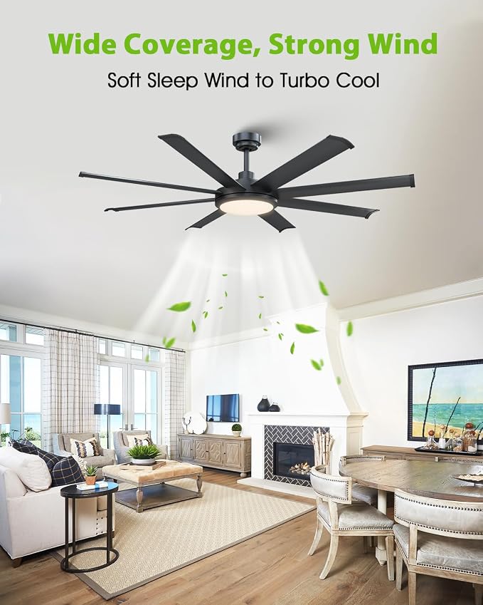 60 inch Black Ceiling Fan with Light and Remote, Industrial Ceiling Fan, Ventilador de Techo, 6 Speed Quiet DC Motor, 8