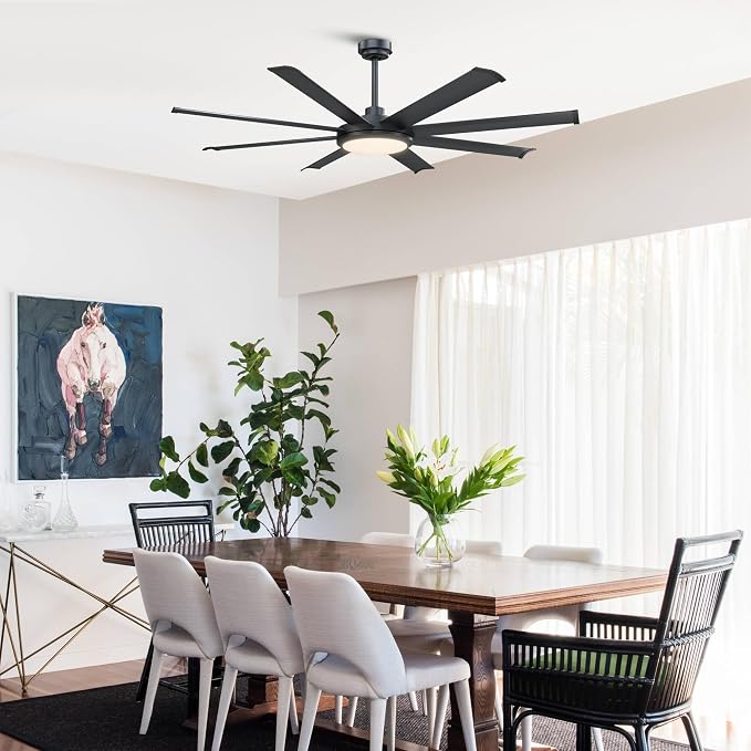 60 inch Black Ceiling Fan with Light and Remote, Industrial Ceiling Fan, Ventilador de Techo, 6 Speed Quiet DC Motor, 8