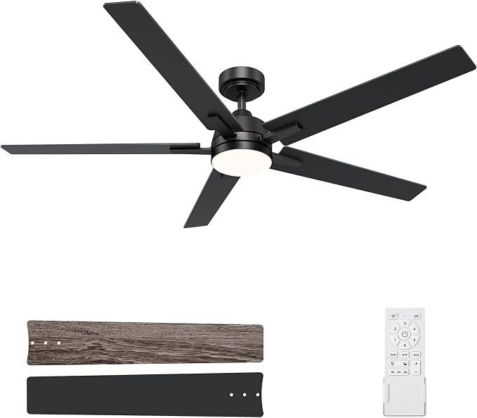 60 Inch Black Ceiling Fans with Lights and Remote, Reversible, 3CCT, Dimmable, Noiseless, Large Ceiling Fan for Bedroom