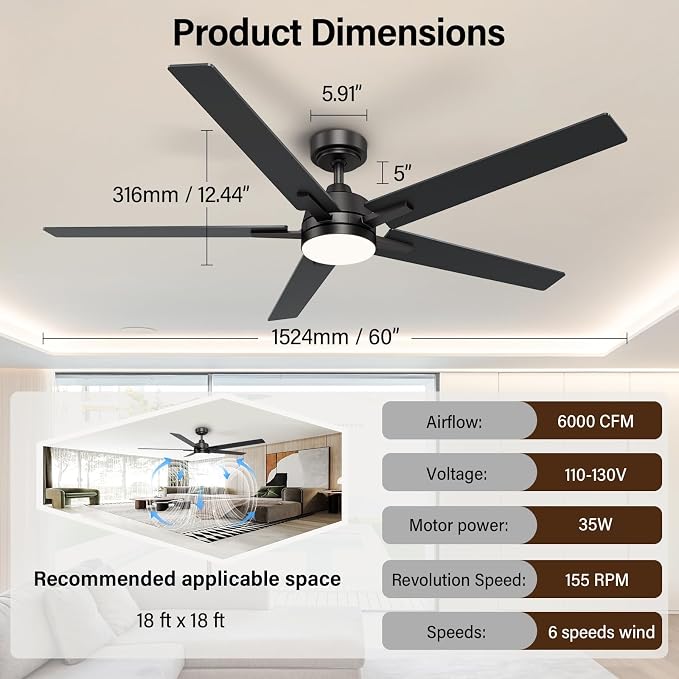 60 Inch Black Ceiling Fans with Lights and Remote, Reversible, 3CCT, Dimmable, Noiseless, Large Ceiling Fan for Bedroom