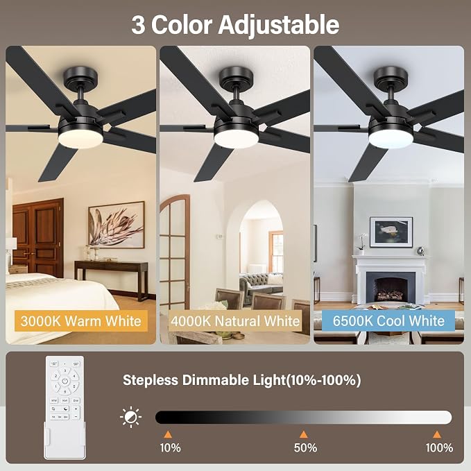 60 Inch Black Ceiling Fans with Lights and Remote, Reversible, 3CCT, Dimmable, Noiseless, Large Ceiling Fan for Bedroom
