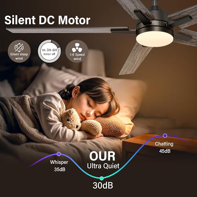 60 Inch Black Ceiling Fans with Lights and Remote, Reversible, 3CCT, Dimmable, Noiseless, Large Ceiling Fan for Bedroom